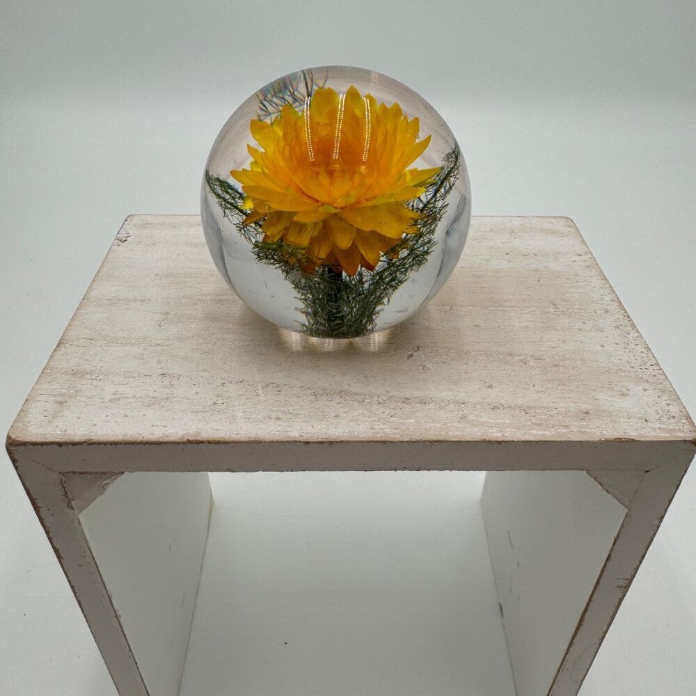 Anthropologie Resin Paperweight, Yellow Helichrysum straw flower vintage vibe